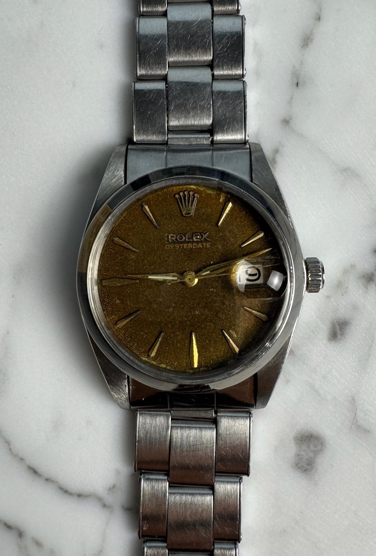 Rolex Oysterdate Precision Full Steel Riveted Tropical Brown Dial 1964 Big Logo Coronet Sword Hands (Serviced)