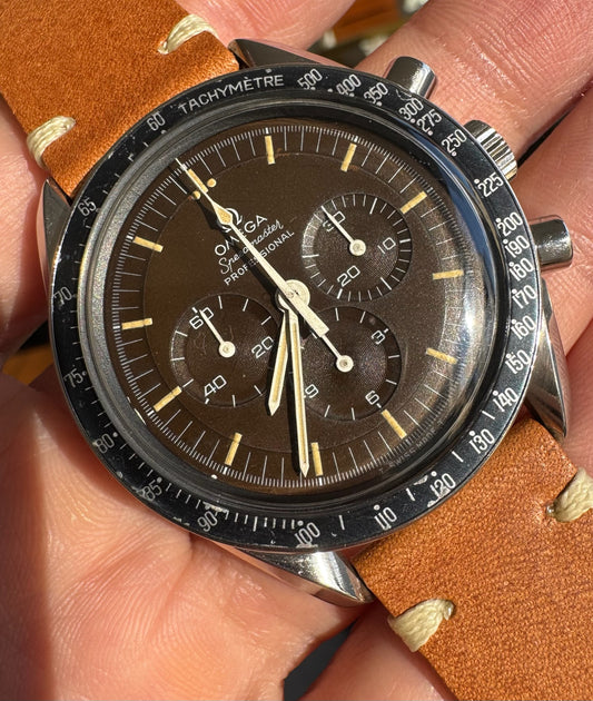 Omega Speedmaster Professional Moonwatch Tropical Brown Dial Heavy Patina Blue Insert 1969 (Serviced)