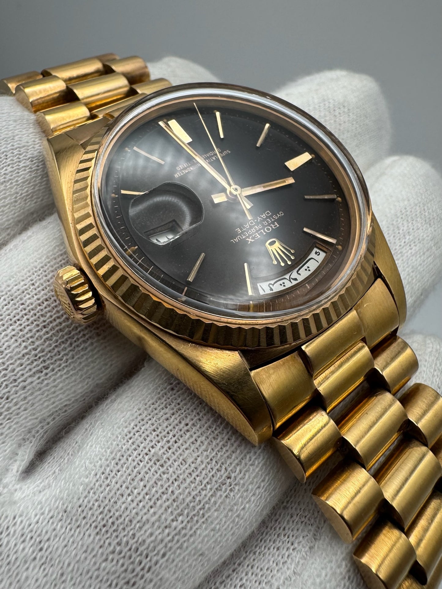 Rolex Day-Date 36 Full Rose Gold Ultra Rare Tropical Dial Arabic Disks 1973 (Unpolished/Serviced)