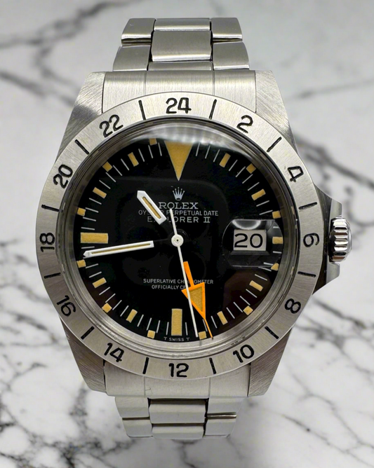 Rolex Explorer II 1655 Steve Mc Queen 1655 Full Steel Yellow Patina MK1 Straight Hand 1972 (Box/Mint/Serviced)