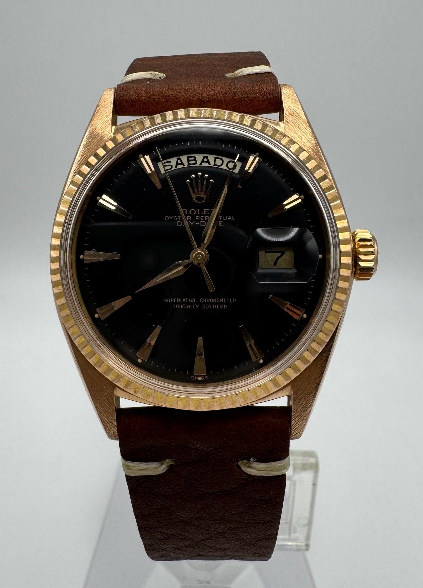 Rolex Day-Date 36 Rose Gold Black Claw Dial 1973 (Mint)
