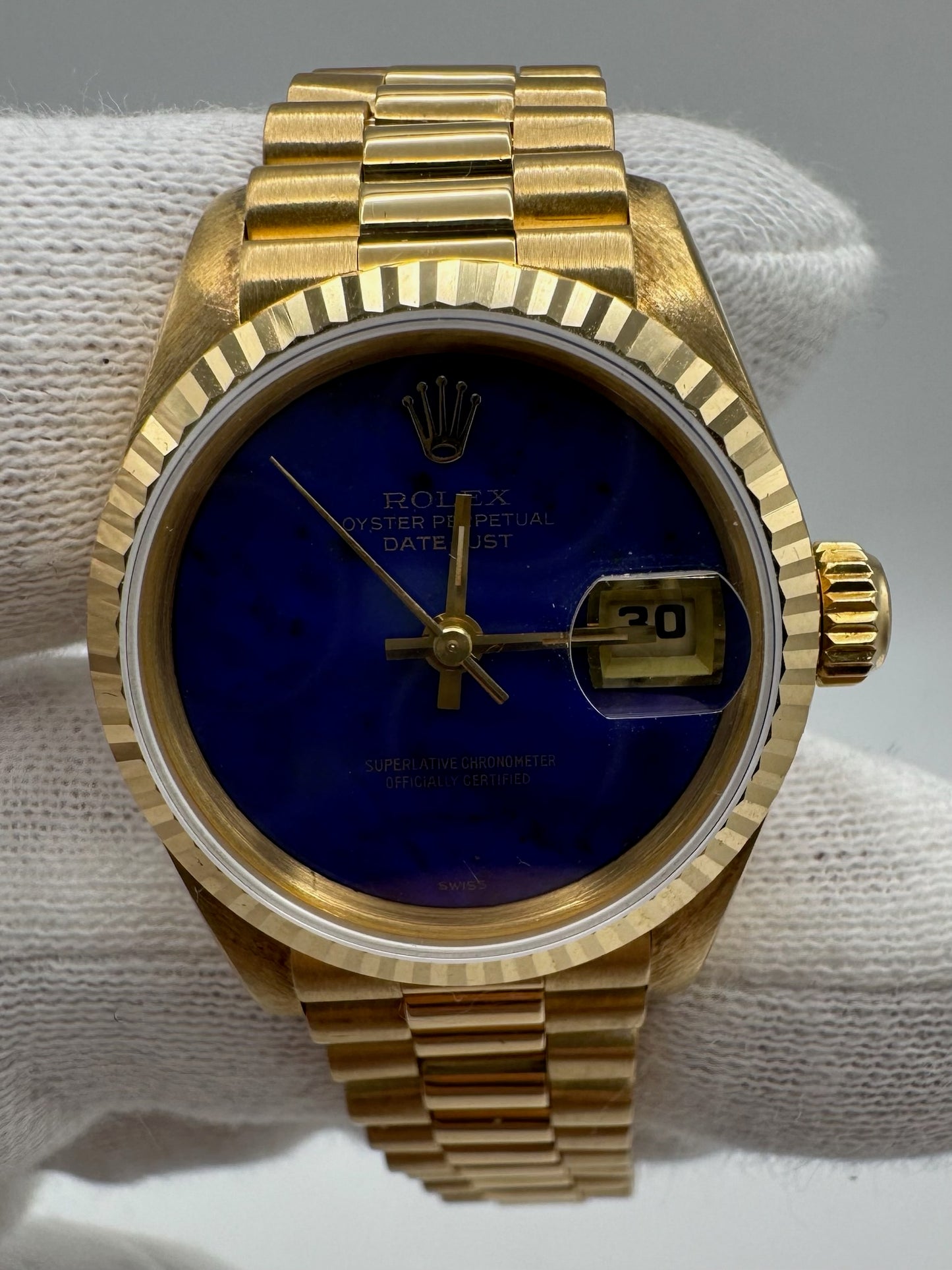 Rolex Lady-Datejust 26 Full Gold OEM Lapis Dial (Box/Serviced)