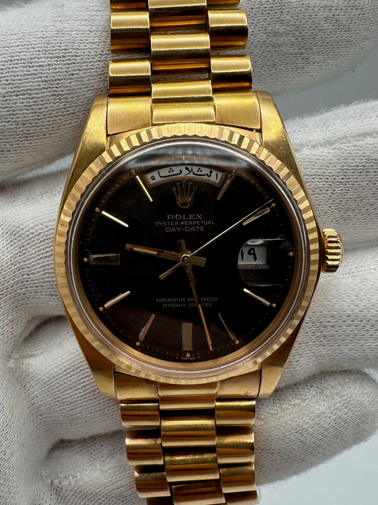 Rolex Day-Date 36 Full Rose Gold Ultra Rare Tropical Dial Arabic Disks 1973 (Unpolished/Serviced)