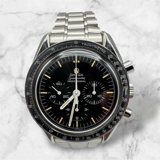 Omega Speedmaster Professional Moonwatch Full Steel Yellow Patina Step Dial Ghost Bezel (Serviced)