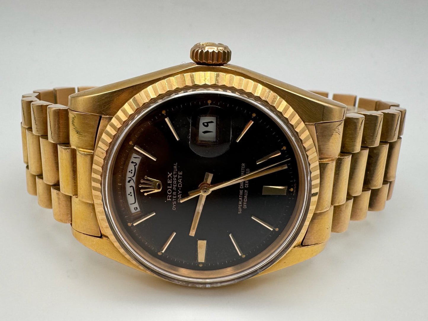 Rolex Day-Date 36 Full Rose Gold Ultra Rare Tropical Dial Arabic Disks 1973 (Unpolished/Serviced)