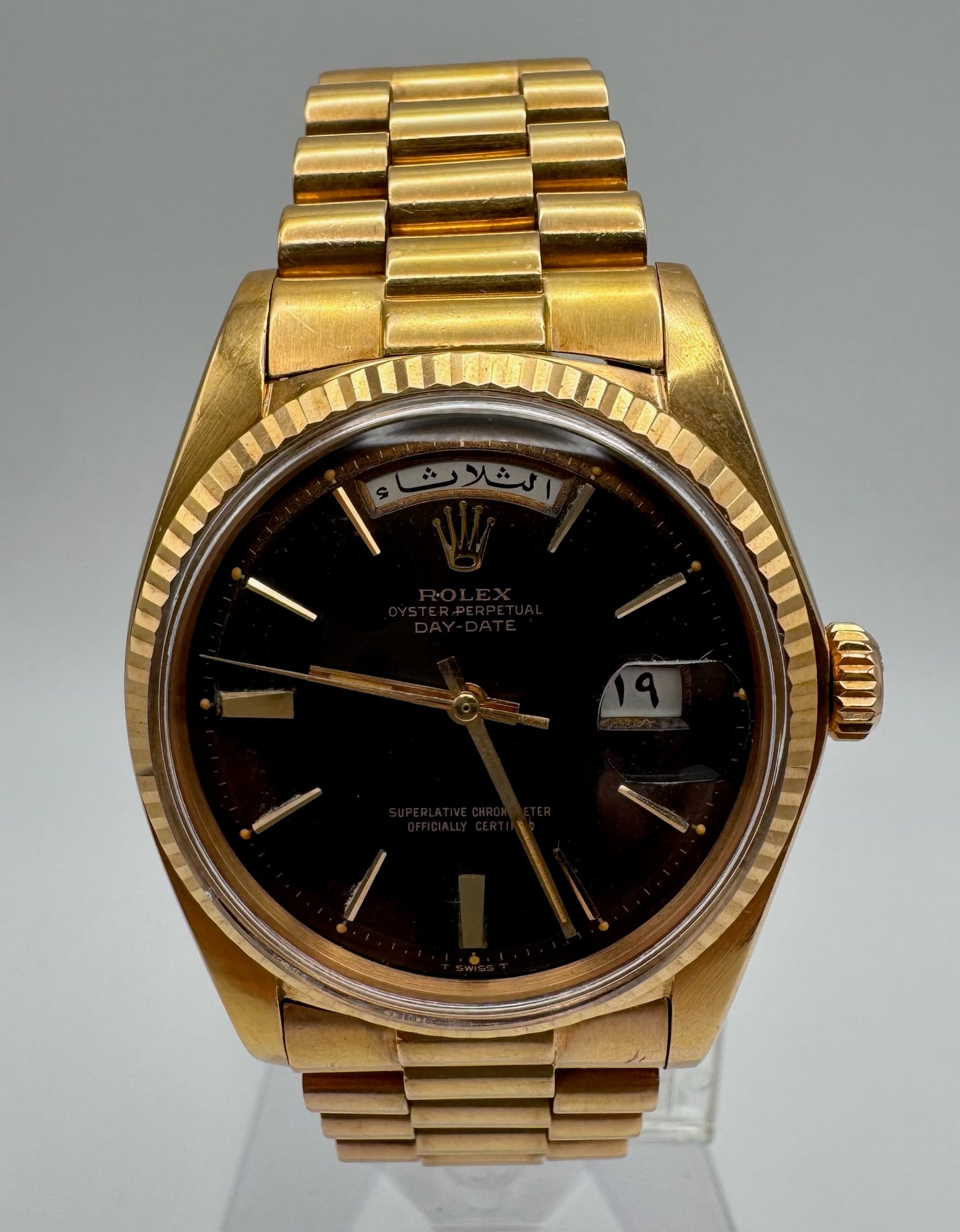 Rolex Day-Date 36 Full Rose Gold Ultra Rare Tropical Dial Arabic Disks 1973 (Unpolished/Serviced)