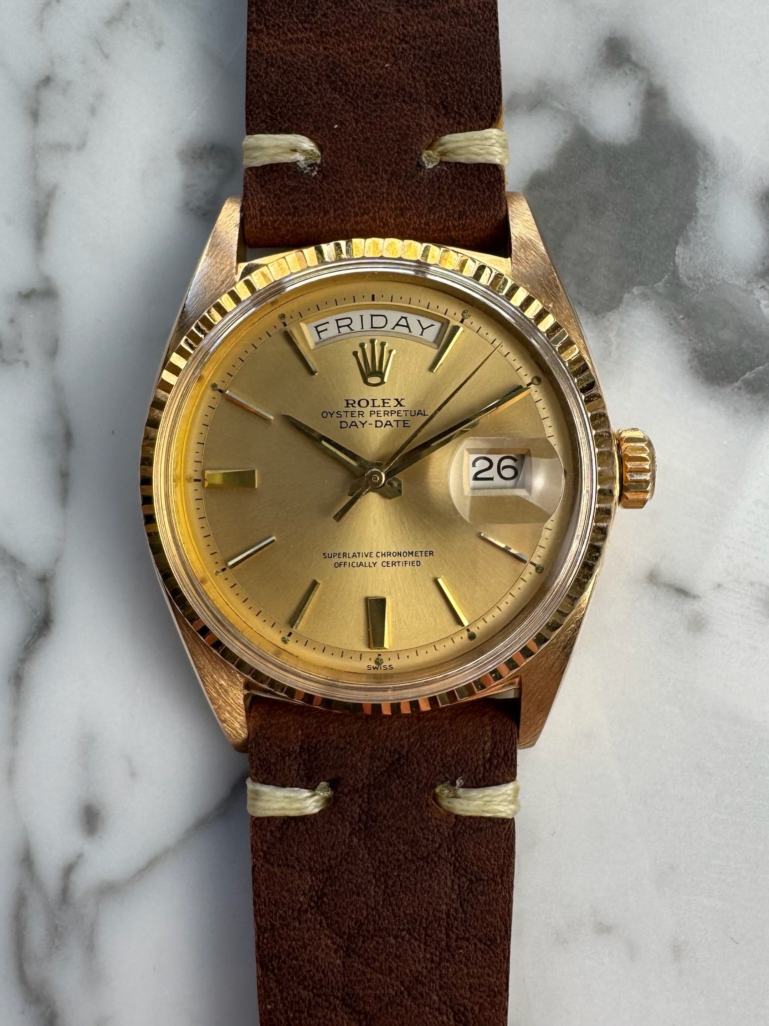 Rolex Day-Date 36 18K Rose Gold Head Door Stop Dial 1973 (Mint