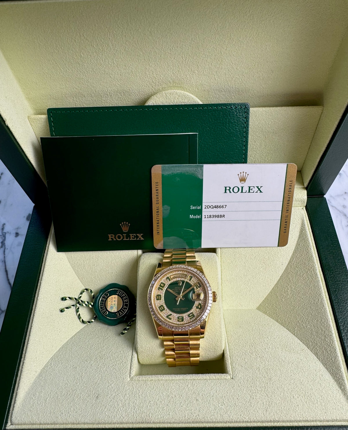 Rolex Day-Date 36 Extremely Rare Green Enamel Dial Factory Diamonds Baguette Bezel 2016 (Full-Set/Unpolished)