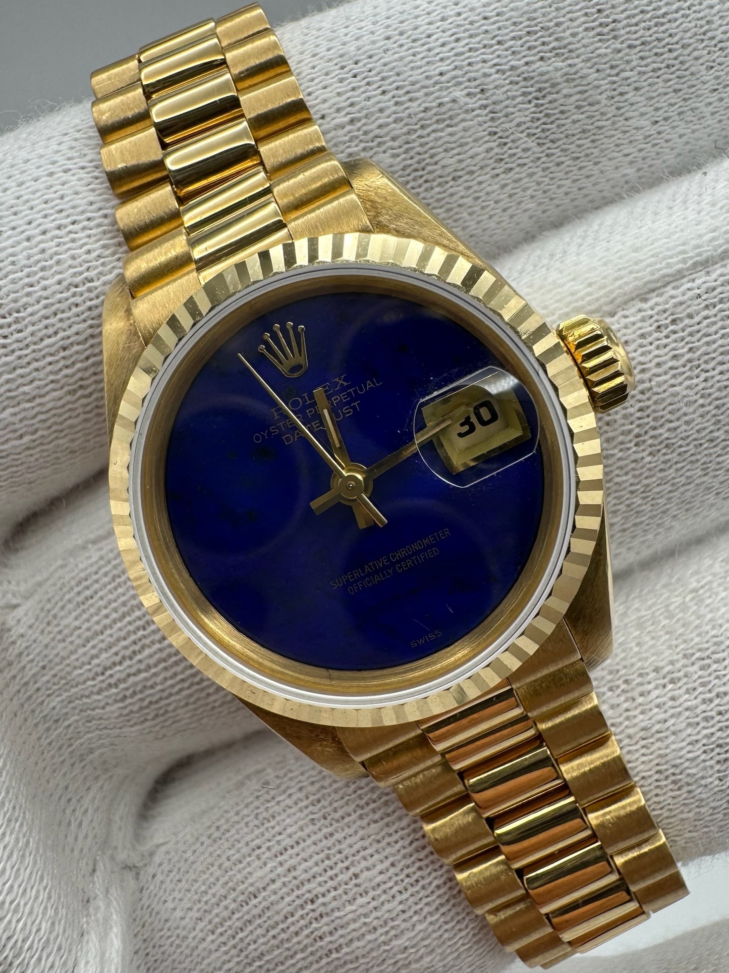 Rolex Lady-Datejust 26 Full Gold OEM Lapis Dial (Box/Serviced)