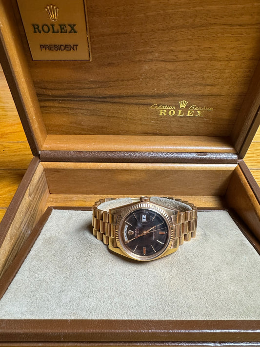 Rolex Day-Date 36 Full Rose Gold Ultra Rare Tropical Dial Arabic Disks 1973 (Unpolished/Serviced)