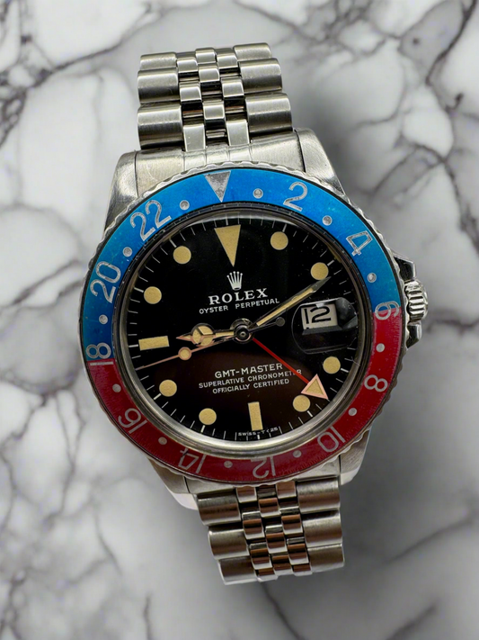 Rolex GMT-Master 1675 Jubilee MK2 Dial Yellow Patina Faded Pepsi Bezel 1971