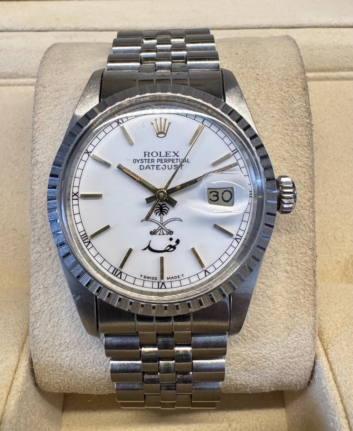 Rolex Datejust 36 Full Steel Jubilee White Porcelain Dial KSA Saudi Arabia Fahed 1988 (Full-Set/Unpolished)