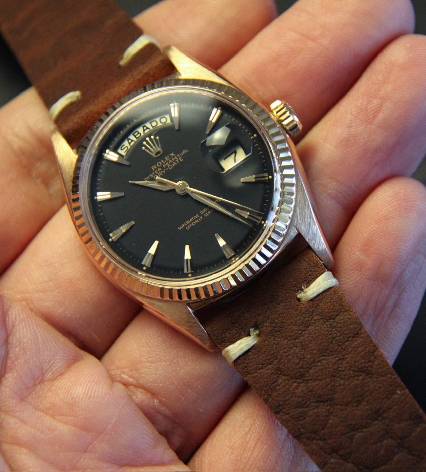 Rolex Day-Date 36 Rose Gold Black Claw Dial 1973 (Mint)