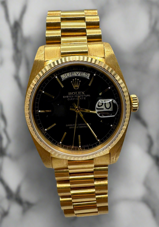 Rolex Day-Date 36 Full Gold Black Dial Rare D’Augusto Bracelet 1983 (Full-Set/Unpolished/Serviced)