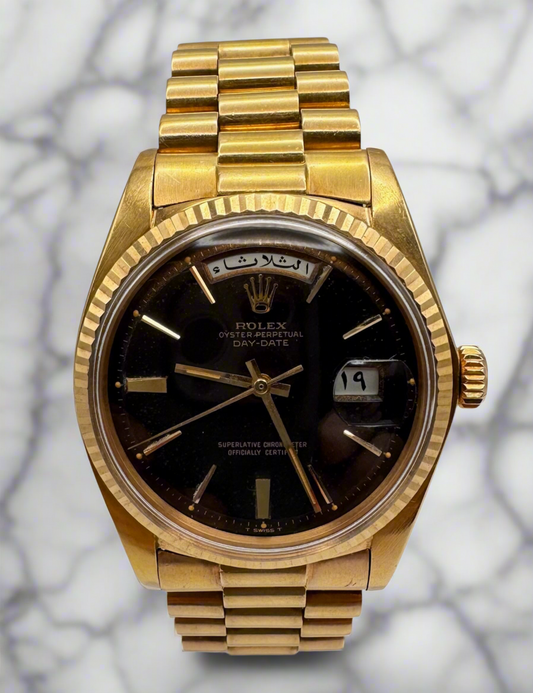 Rolex Day-Date 36 Full Rose Gold Ultra Rare Tropical Dial Arabic Disks 1973 (Unpolished/Serviced)