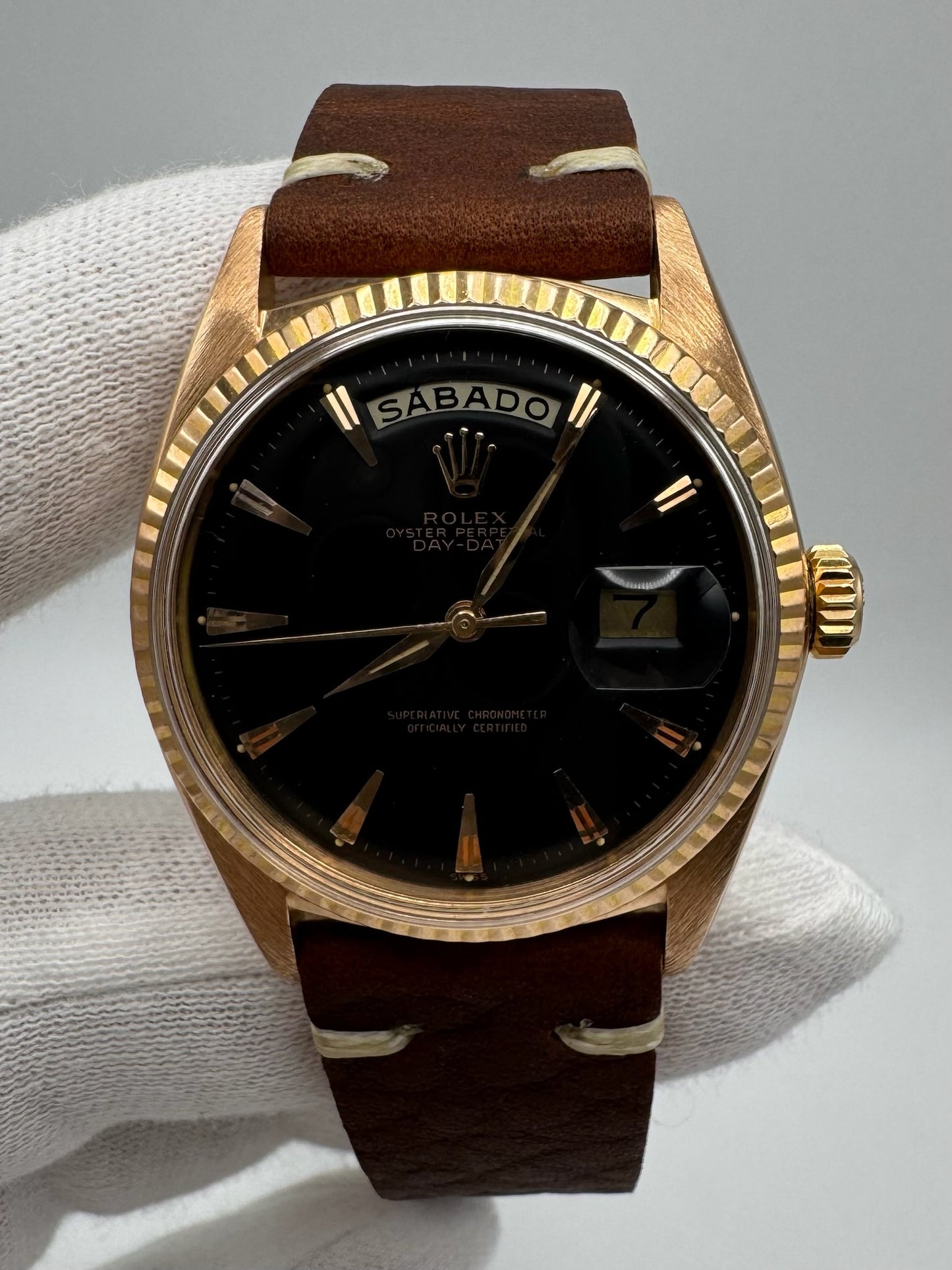 Rolex Day-Date 36 Rose Gold Black Claw Dial 1973 (Mint)