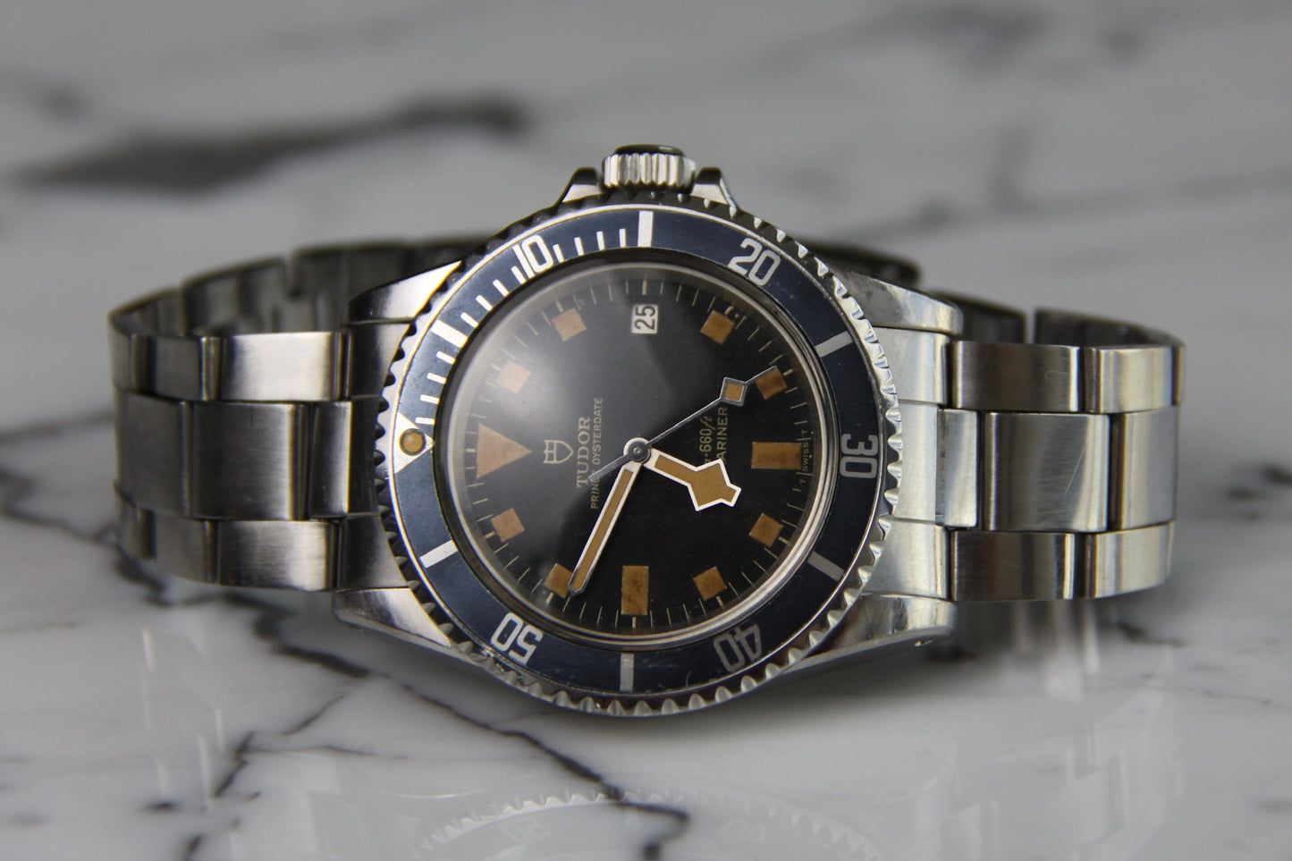 Tudor Submariner Snowflake Full Steel Black Pumpkin Patina Blue Insert Rare Confetti Dial 1968 (Unpolished/Serviced)
