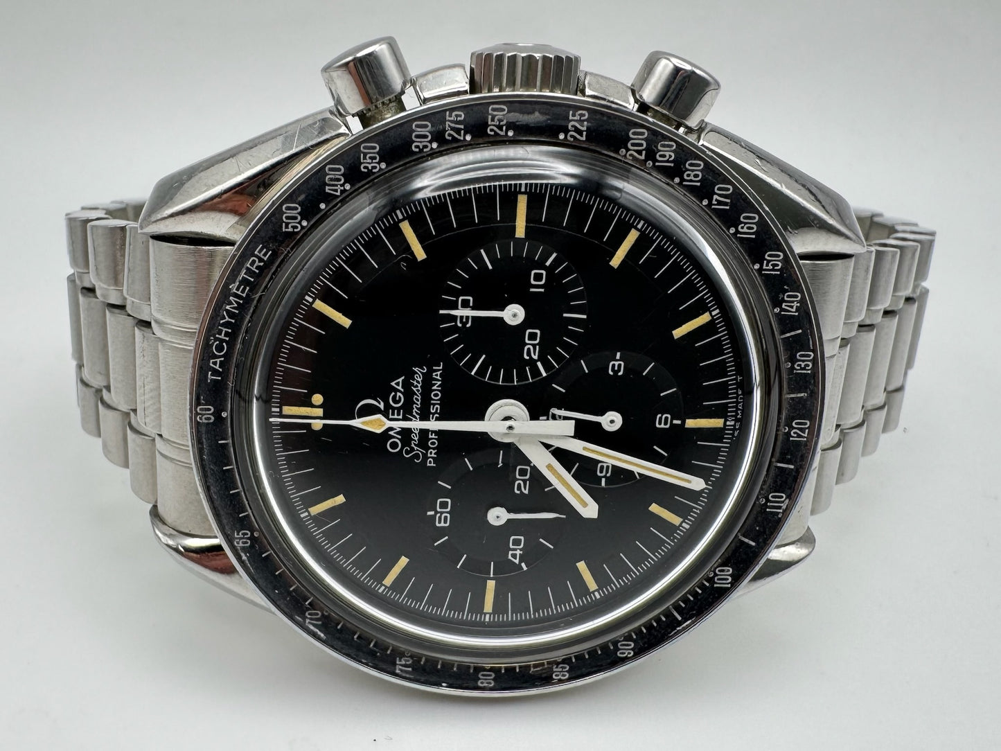 Omega Speedmaster Professional Moonwatch Full Steel Yellow Patina Step Dial Ghost Bezel (Serviced)