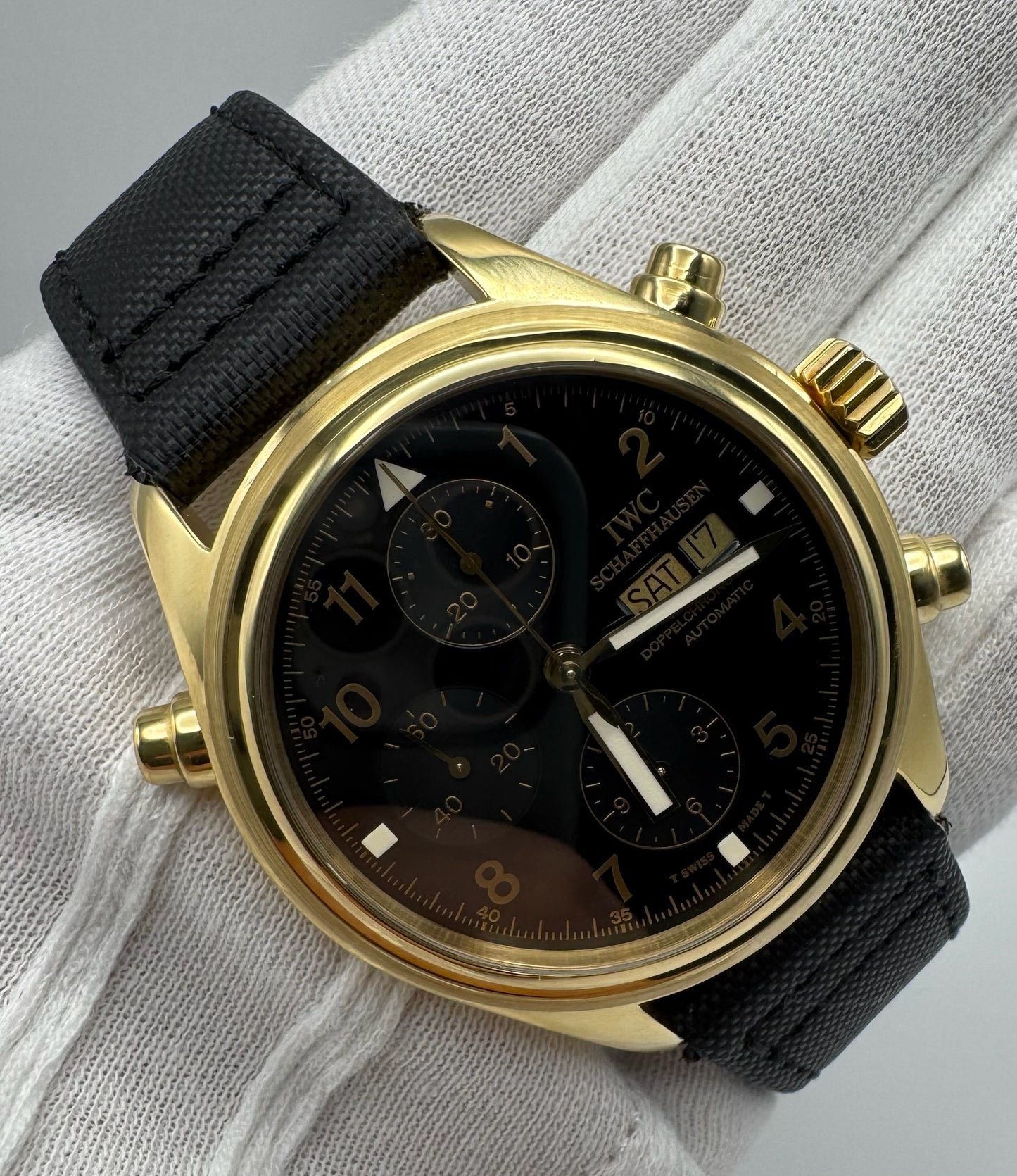 IWC Pilot Double Chronograph Doppelchronograph Pilot Yellow Gold Black Dial 1999 (Full-Set)