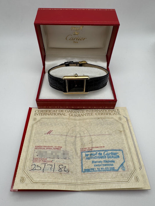 Cartier Tank Vermeil Gold Plated Quartz Black Dial 1986 (Full-Set)