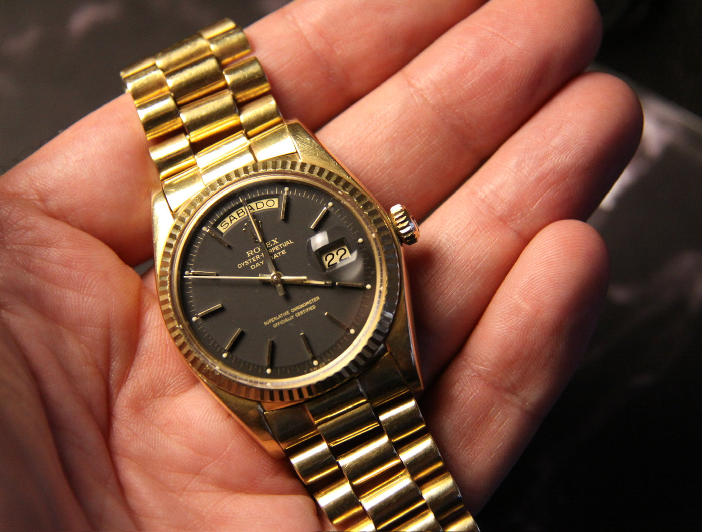 Rolex Day-Date 36 Full Gold Black Pie Pan Dial 1970 (Unpolished/Serviced)