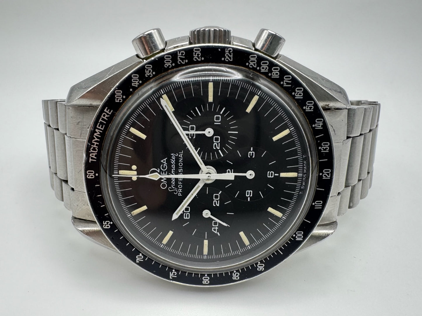 Omega Speedmaster Professional Moonwatch Full Steel Tritium Dial Blue Insert 1970’s (Unpolished)