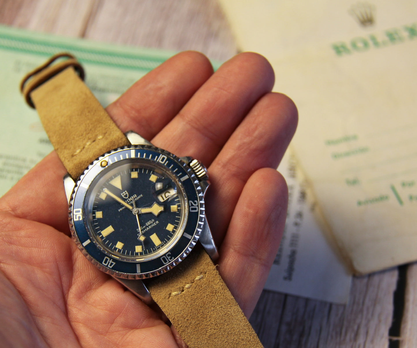 Tudor Submariner Snowflake Meters First Heavy Patina Blue Dial 1968 (Serviced/Papers)