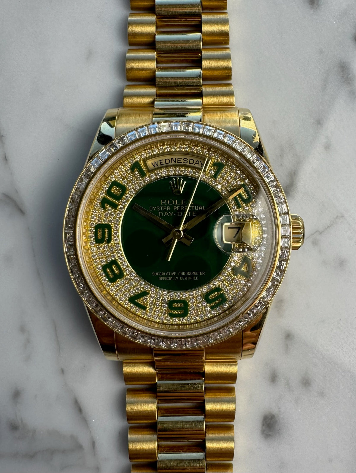 Rolex Day-Date 36 Extremely Rare Green Enamel Dial Factory Diamonds Baguette Bezel 2016 (Full-Set/Unpolished)
