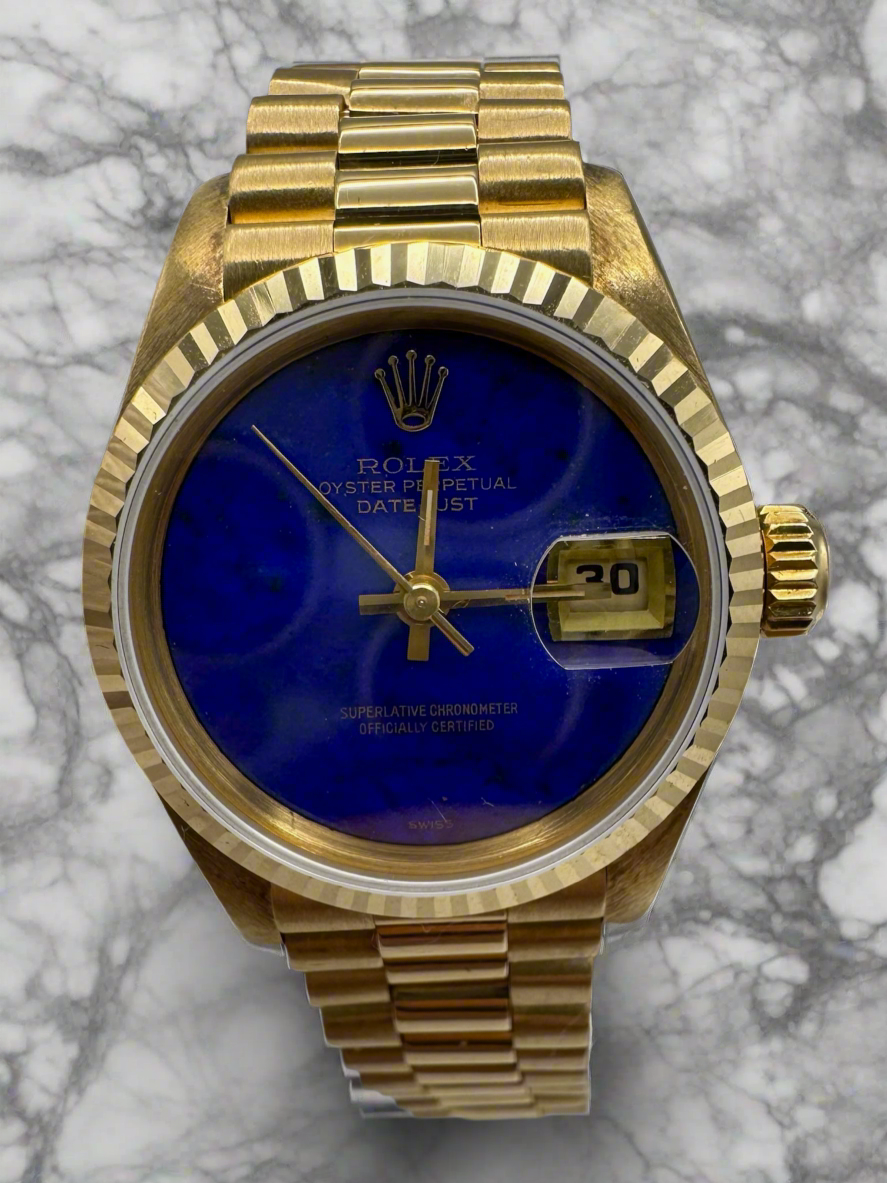Rolex Lady-Datejust 26 Full Gold OEM Lapis Dial (Box/Serviced)