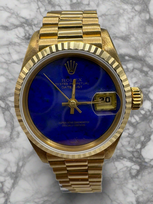 Rolex Lady-Datejust 26 Full Gold OEM Lapis Dial (Box/Serviced)