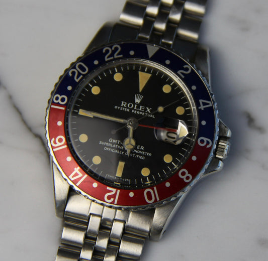 Rolex GMT-Master 1675 MK1 Long E Pepsi Insert Zinc Sulfide Yellow Patina Lume 1968