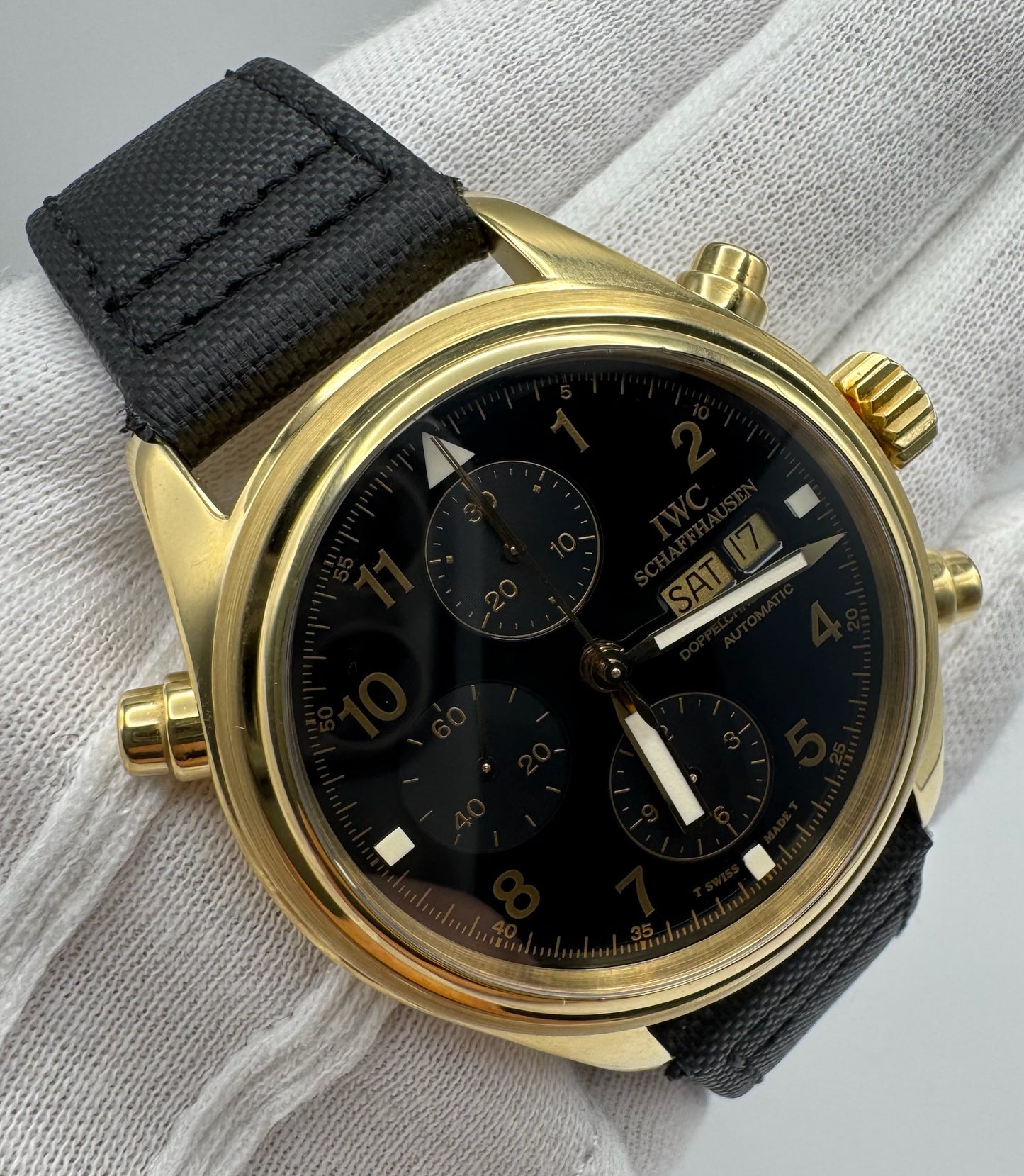 IWC Pilot Double Chronograph Doppelchronograph Pilot Yellow Gold Black Dial 1999 (Full-Set)