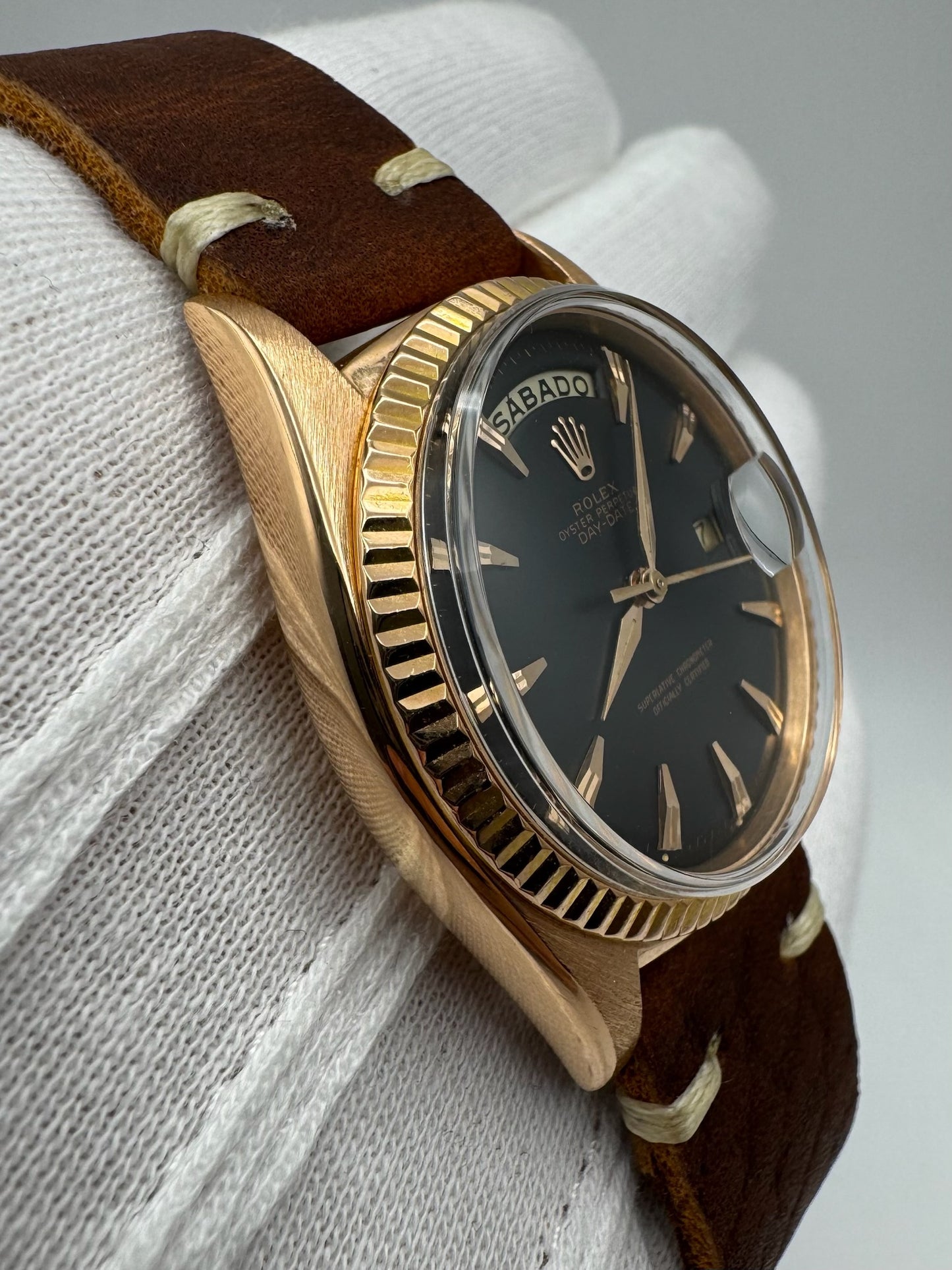 Rolex Day-Date 36 Rose Gold Black Claw Dial 1973 (Mint)