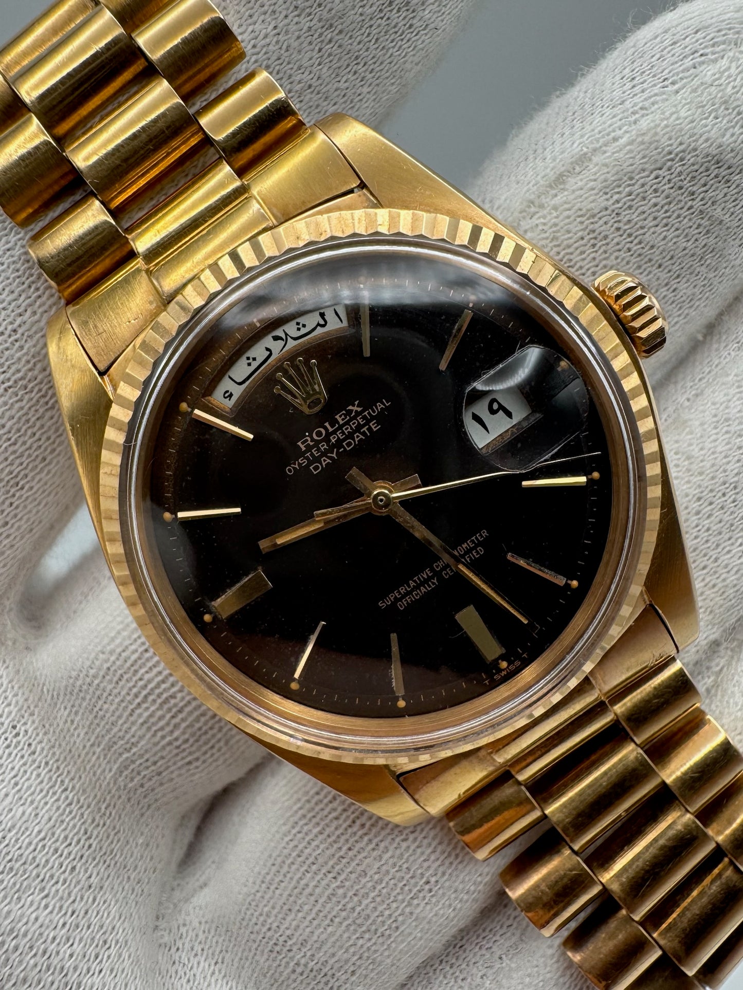 Rolex Day-Date 36 Full Rose Gold Ultra Rare Tropical Dial Arabic Disks 1973 (Unpolished/Serviced)