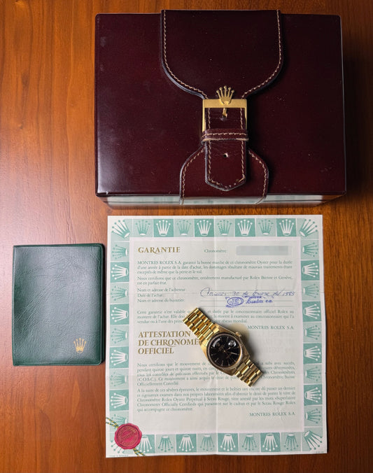 Rolex Day-Date 36 Full Gold Black Dial Rare D’Augusto Bracelet 1983 (Full-Set/Unpolished/Serviced)