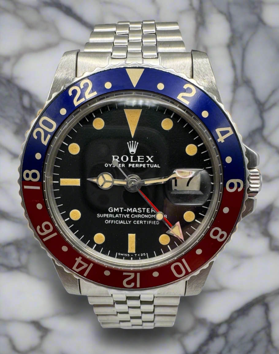 Rolex GMT-Master 1675 MK1 Long E Pepsi Red Back Insert Nice Patina 1968 (Serviced)