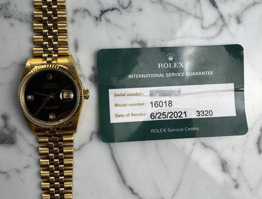 Rolex Datejust 36 Full Gold 18K OEM Factory Onyx Dial 1986 (Service Papers)