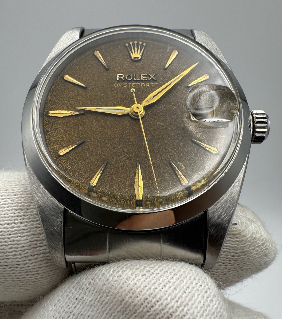 Rolex Oysterdate Precision Full Steel Riveted Tropical Brown Dial 1964 Big Logo Coronet Sword Hands (Serviced)