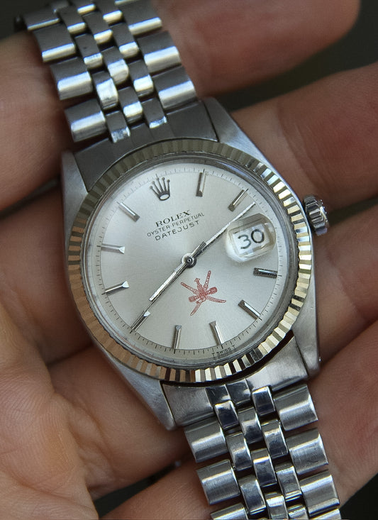 Rolex Datejust 36 1601 Red Khanjar Sultanate Of Oman Logo Silver Dial No Lume 1971 (Serviced)