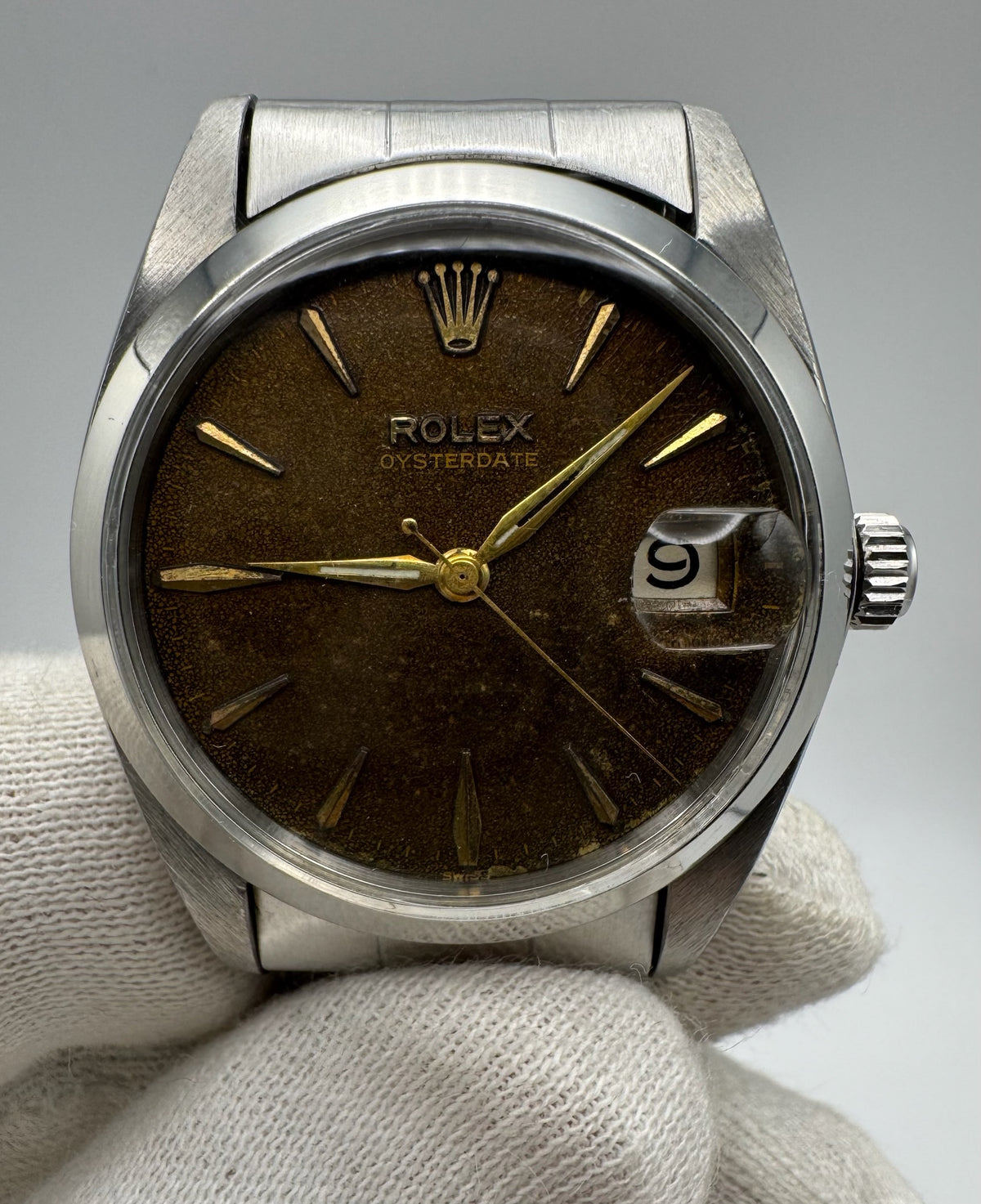 Rolex Oysterdate Precision Full Steel Riveted Tropical Brown Dial 1964 Big Logo Coronet Sword Hands (Serviced)