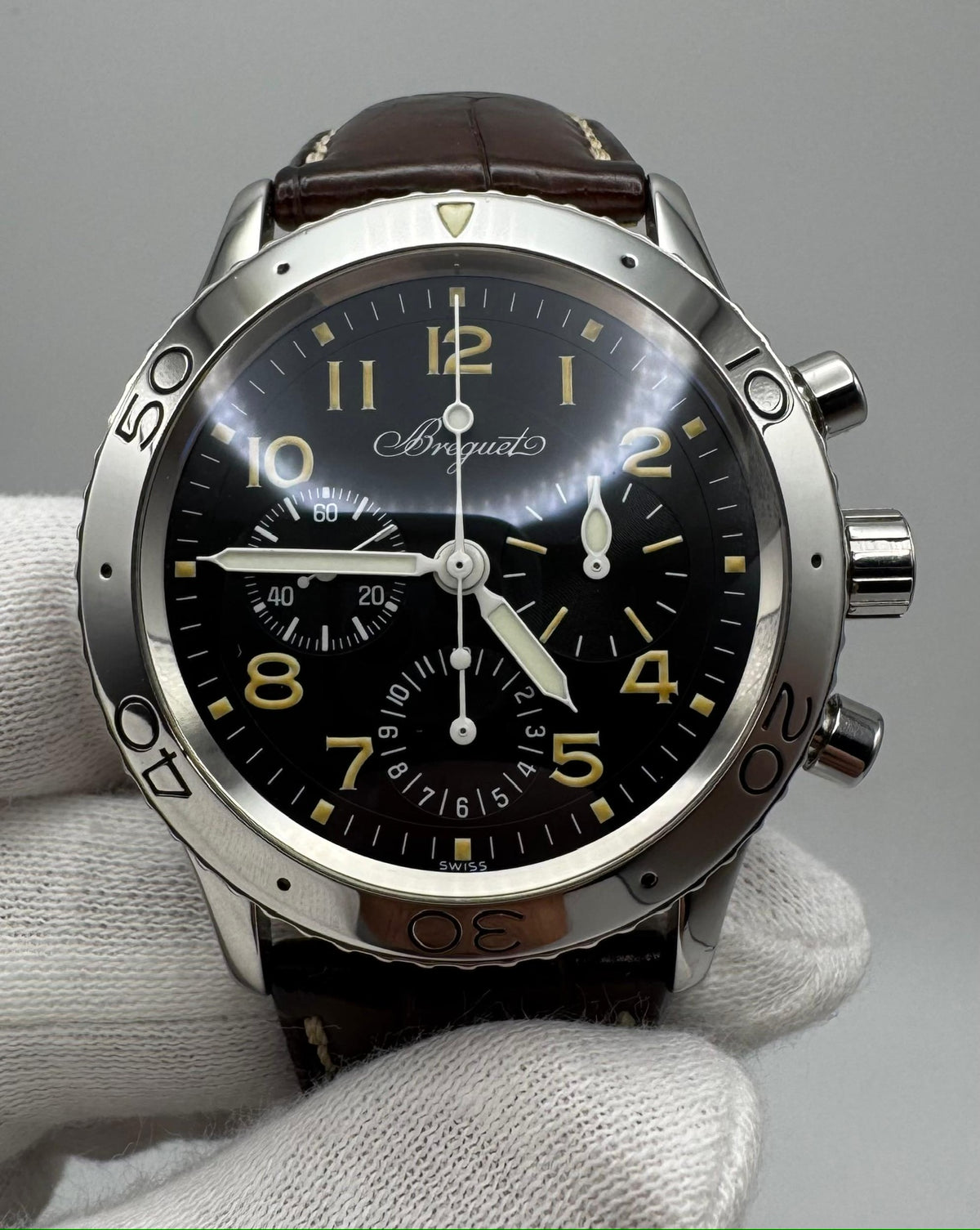 Breguet Type XX - XXI - XXII Pilot Watch Chronograph Steel Yellow Patina (Box)