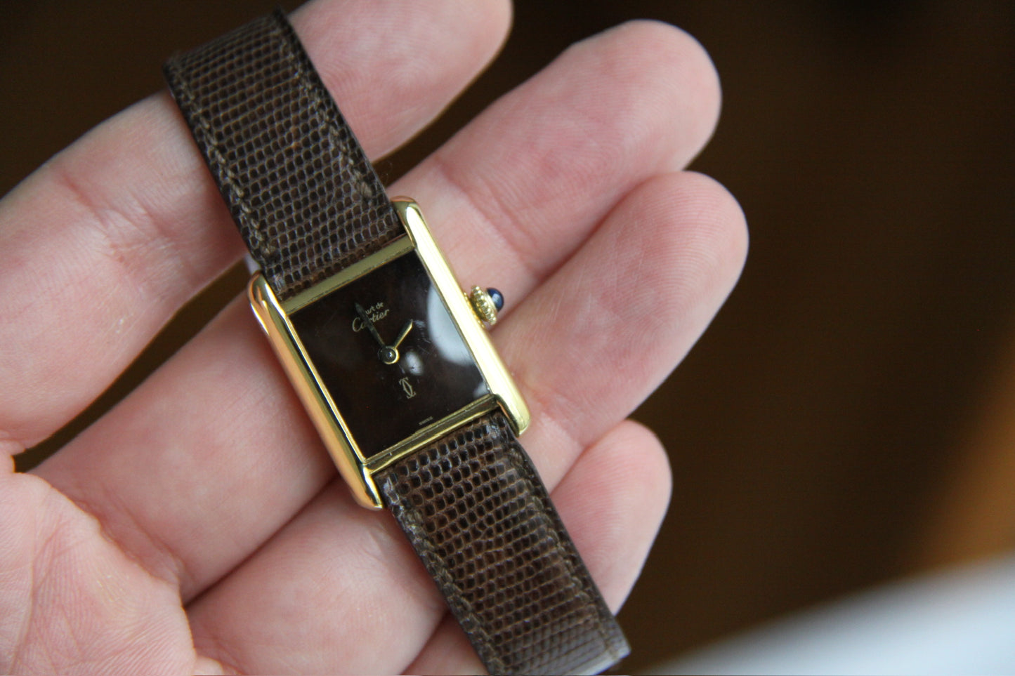 Cartier Tank Vermeil Gold Plated Manual Winding Burl Wood Dial