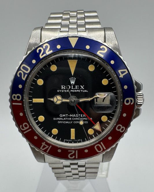 Rolex GMT-Master 1675 MK1 Long E Pepsi Red Back Insert Nice Patina 1968 (Serviced)