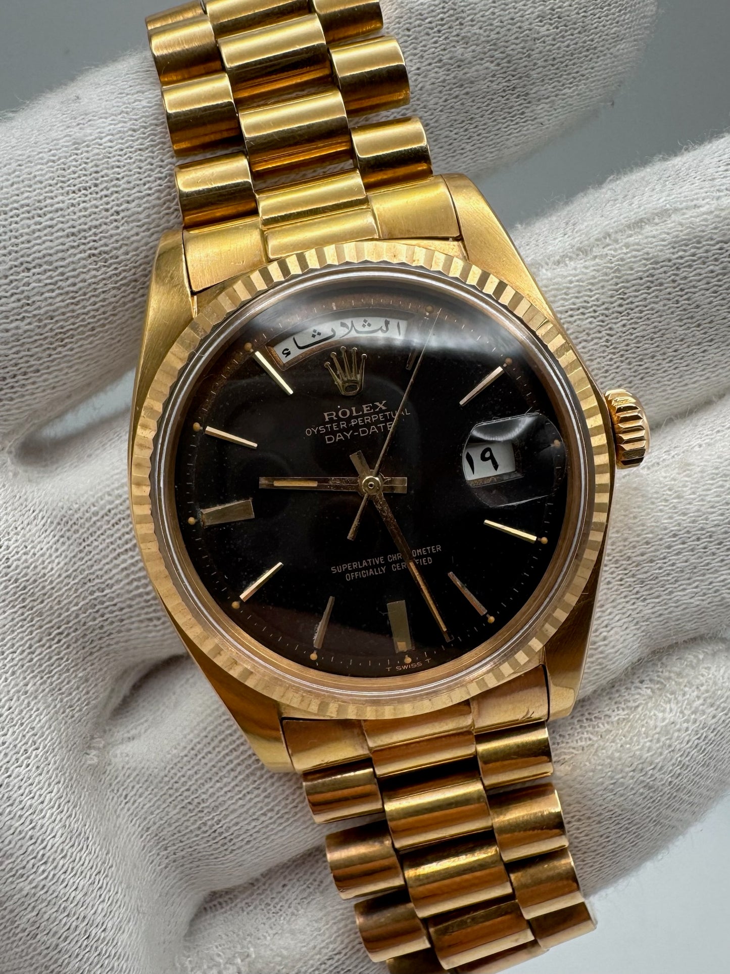 Rolex Day-Date 36 Full Rose Gold Ultra Rare Tropical Dial Arabic Disks 1973 (Unpolished/Serviced)