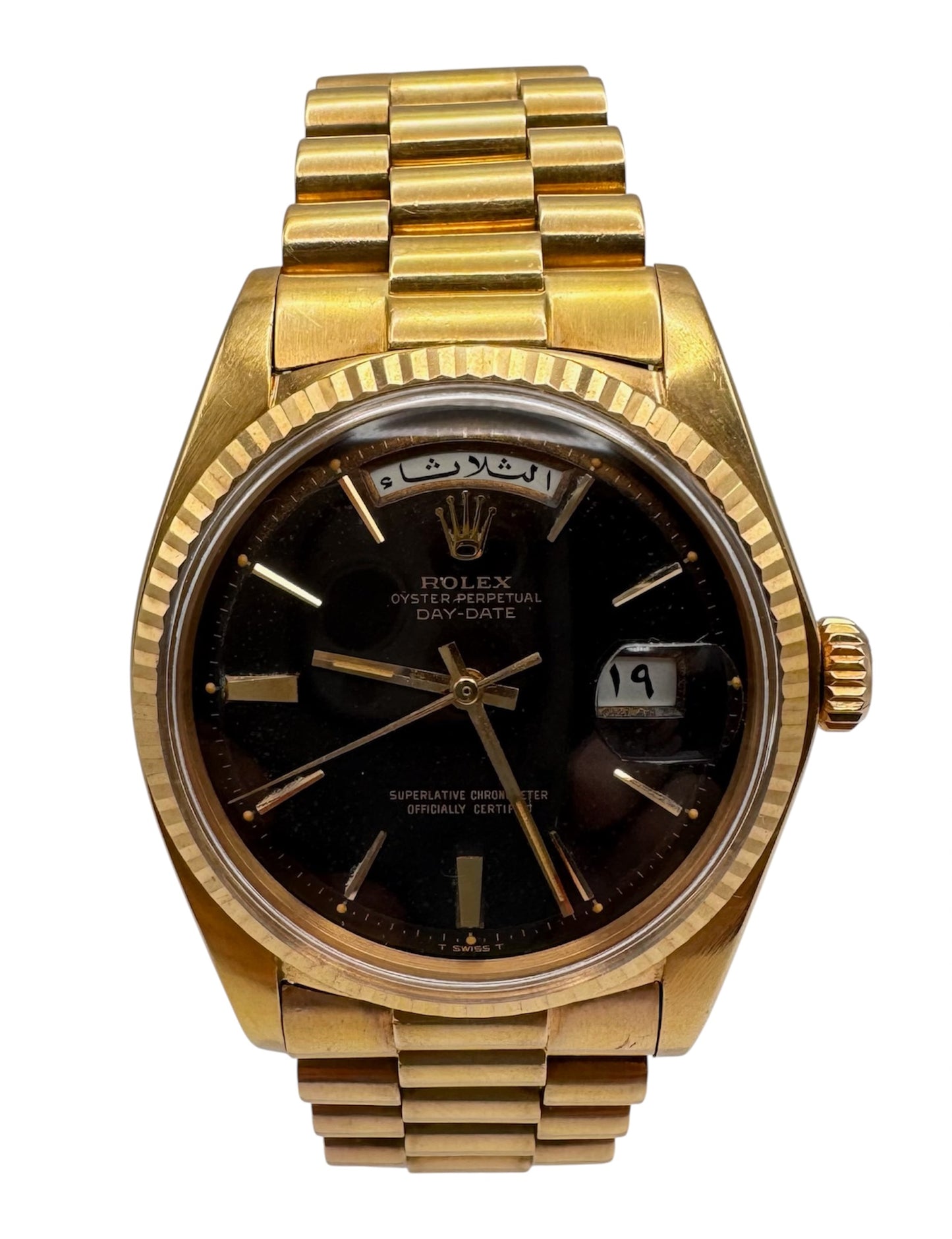 Rolex Day-Date 36 Full Rose Gold Ultra Rare Tropical Dial Arabic Disks 1973 (Unpolished/Serviced)