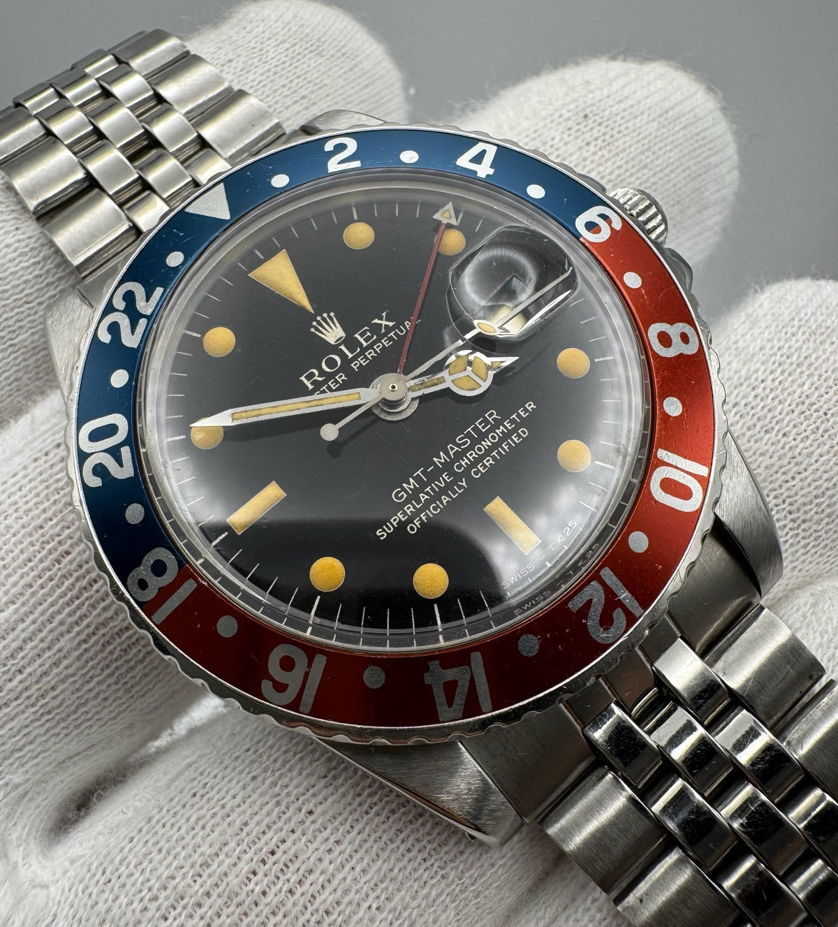 Rolex GMT-Master 1675 Glossy Gilt Mega Font Pepsi Insert Heavy Zinc Sulfide Patina 1964 (Serviced)