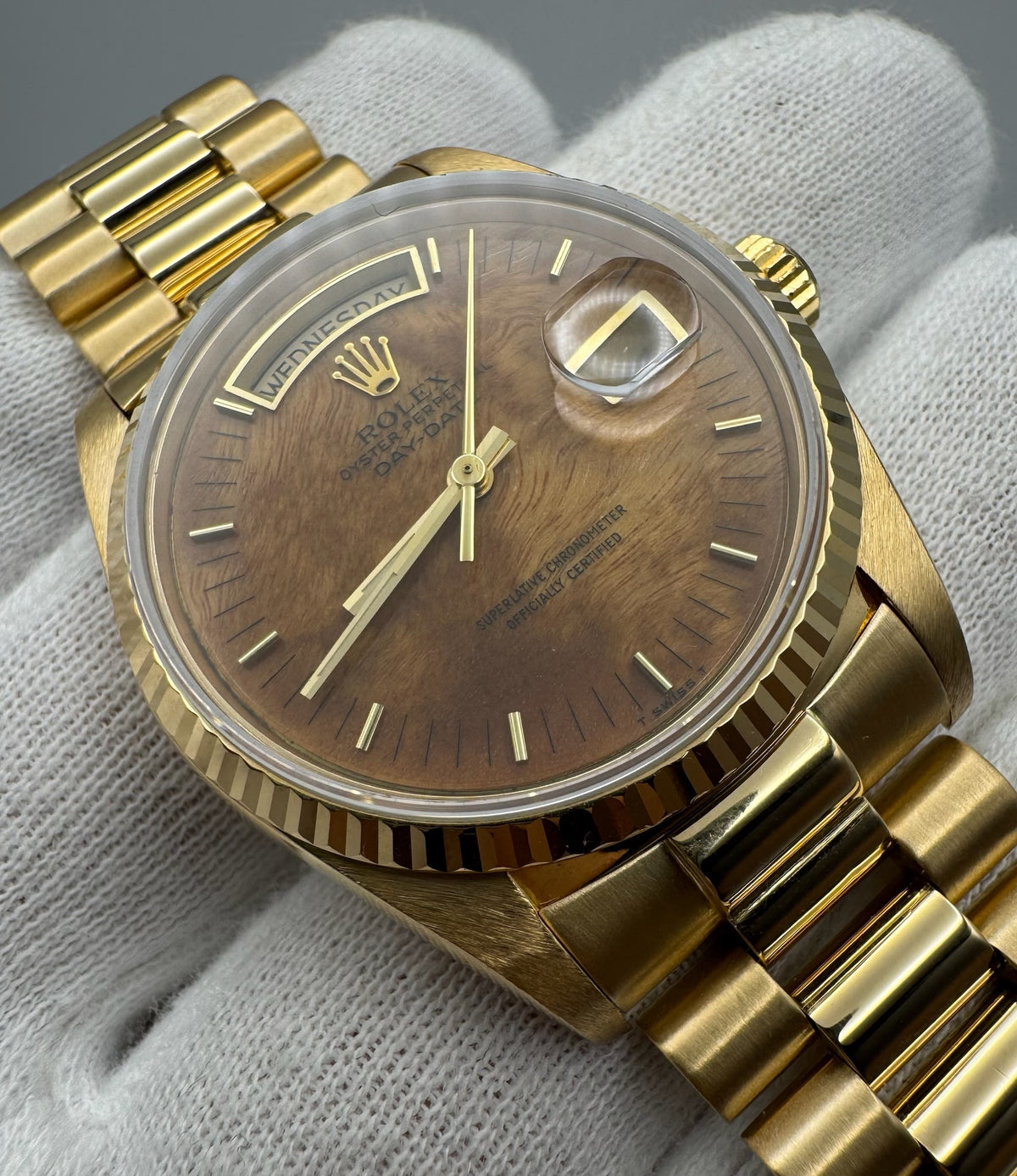 Rolex Day-Date 18038 Yellow Gold Burl Wood Dial Rare 1986 (Full-Set/Serviced)