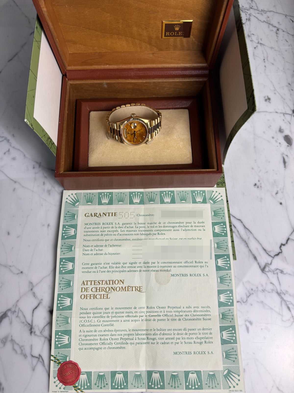 Rolex Day-Date 18038 Yellow Gold Burl Wood Dial Rare 1986 (Full-Set/Serviced)