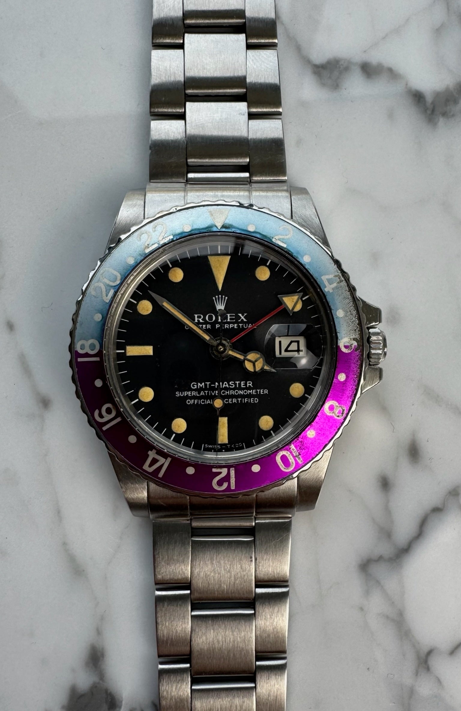 Rolex GMT-Master 1675 MK1 Long E Pumpkin Zinc Sulfide Lume Fuchsia