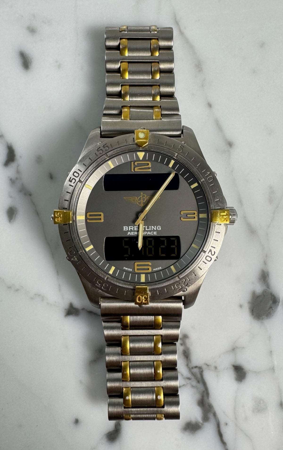 Breitling Aerospace Full Titanium Two Tone Grey Tritium Dial Yellow Patina Vintage 1995